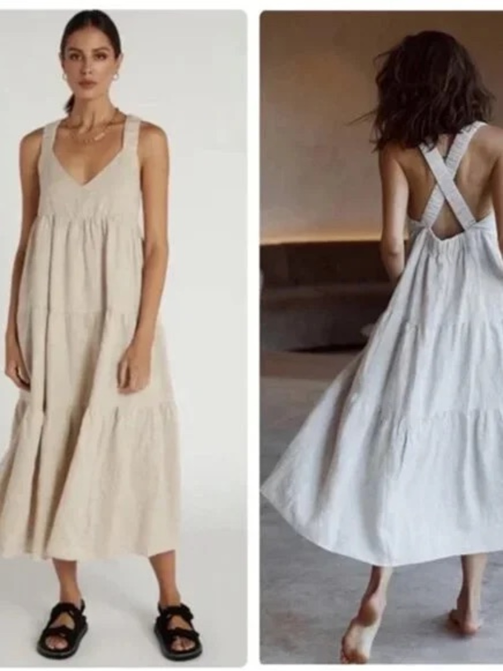DISSH Cream Tiered Midi Dress with Cross-Back Straps